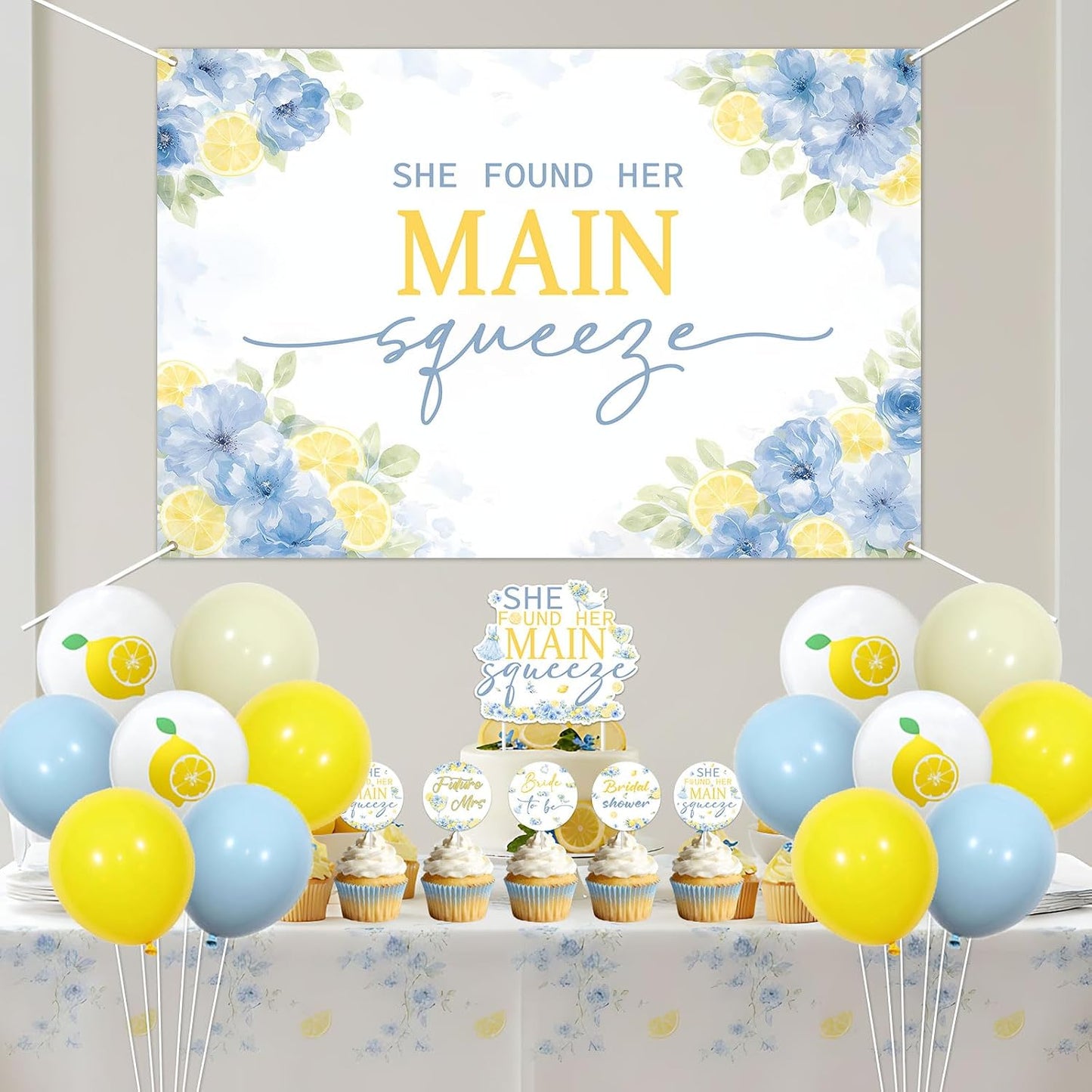Lemon Bridal Shower Decorations She Found Her Main Squeeze Backdrop Banner Lemon Floral Cake Cupcake Toppers Royal Blue Yellow Balloons for Women Wedding Anniversary Bachelorette Party Supplies