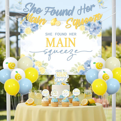 Lemon Bridal Shower Decorations She Found Her Main Squeeze Backdrop Banner Lemon Floral Cake Cupcake Toppers Royal Blue Yellow Balloons for Women Wedding Anniversary Bachelorette Party Supplies