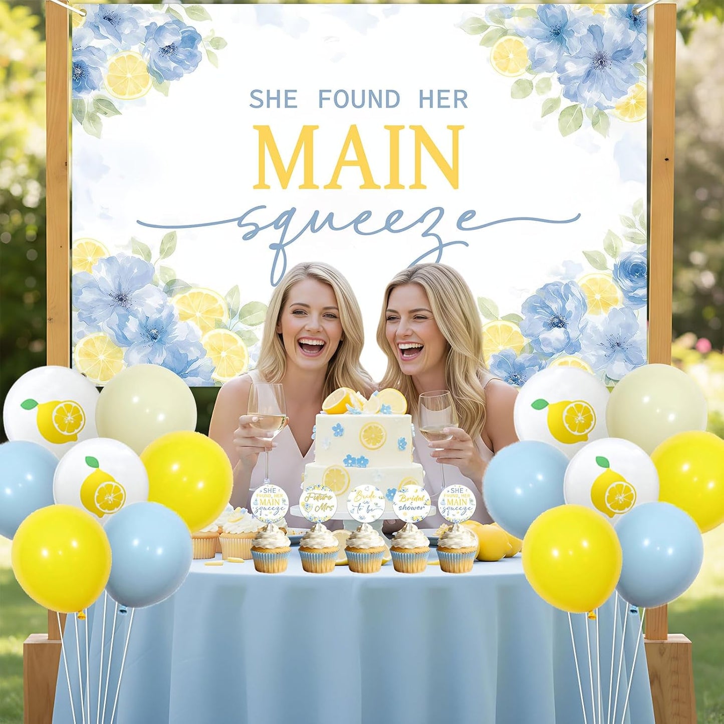 Lemon Bridal Shower Decorations She Found Her Main Squeeze Backdrop Banner Lemon Floral Cake Cupcake Toppers Royal Blue Yellow Balloons for Women Wedding Anniversary Bachelorette Party Supplies