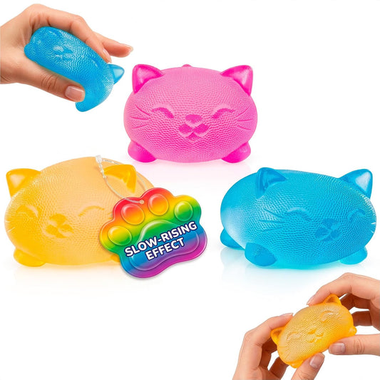 Cat Squishy Fidget 3-Pack — Slow Rising Stress Ball Kawaii Kitty Squeeze Squish, Soft TPR Trio, Pink Yellow Blue Hand-Size Multipack Party Favors — Reusable Sensory Fidgets for Office, Home and Travel