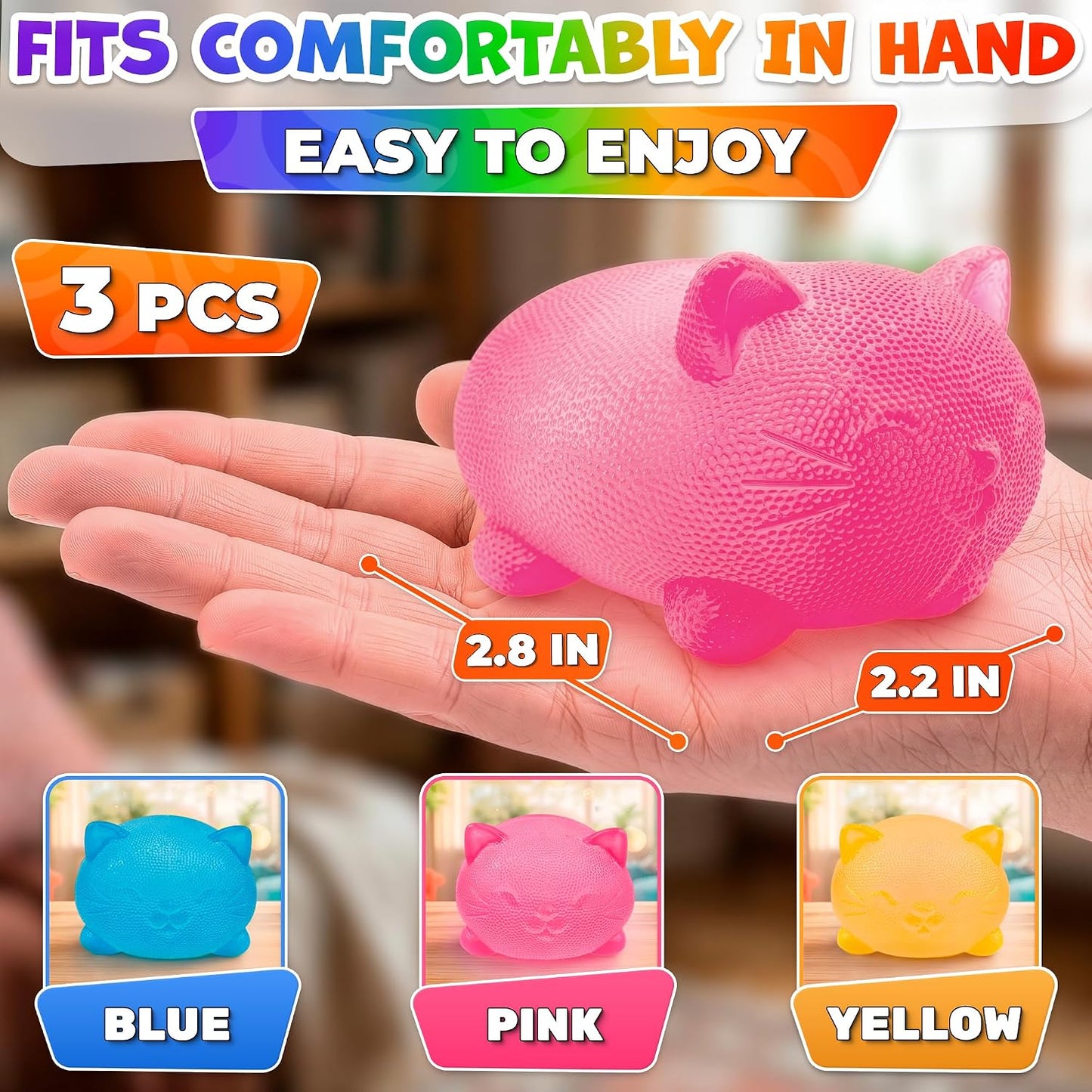 Cat Squishy Fidget 3-Pack — Slow Rising Stress Ball Kawaii Kitty Squeeze Squish, Soft TPR Trio, Pink Yellow Blue Hand-Size Multipack Party Favors — Reusable Sensory Fidgets for Office, Home and Travel