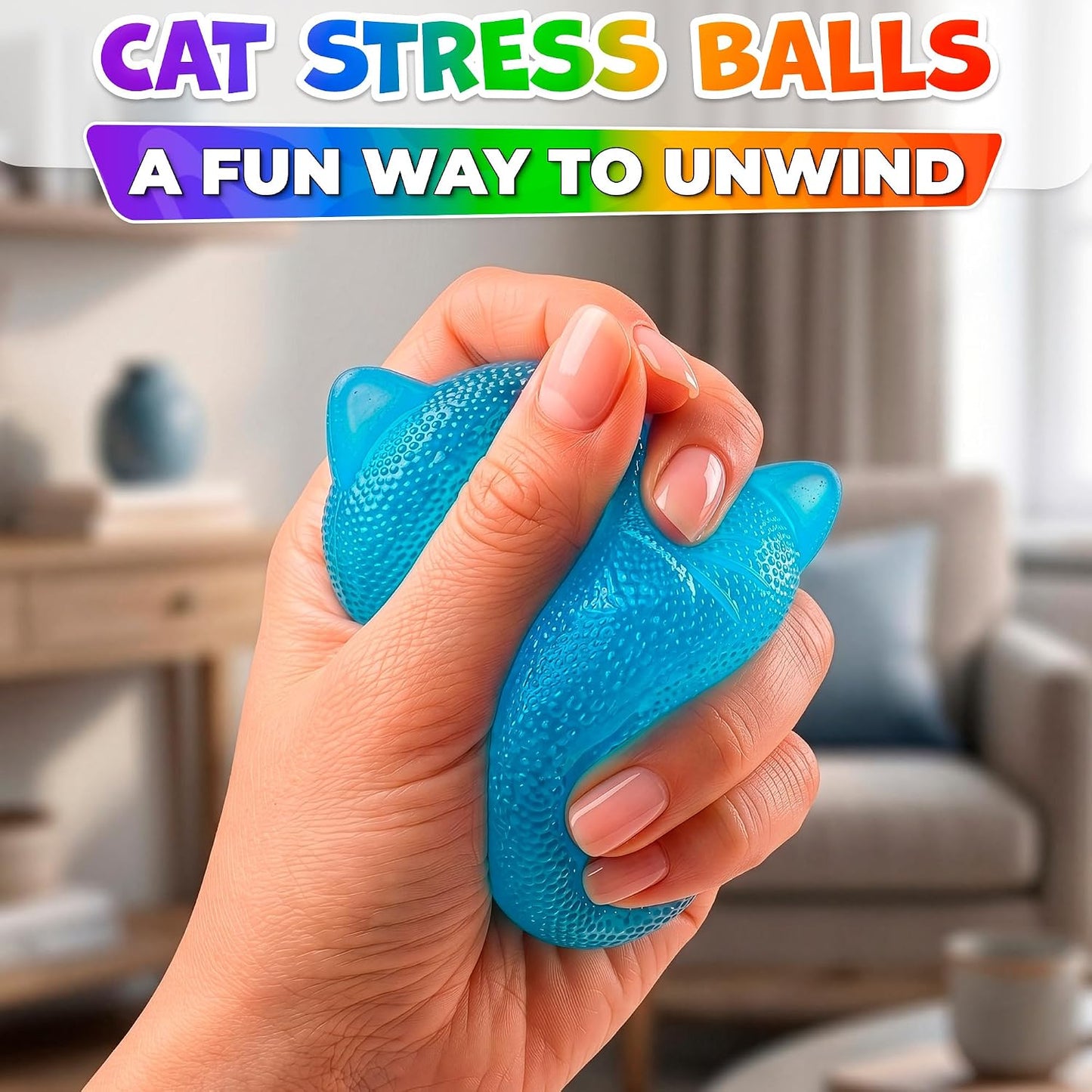 Cat Squishy Fidget 3-Pack — Slow Rising Stress Ball Kawaii Kitty Squeeze Squish, Soft TPR Trio, Pink Yellow Blue Hand-Size Multipack Party Favors — Reusable Sensory Fidgets for Office, Home and Travel