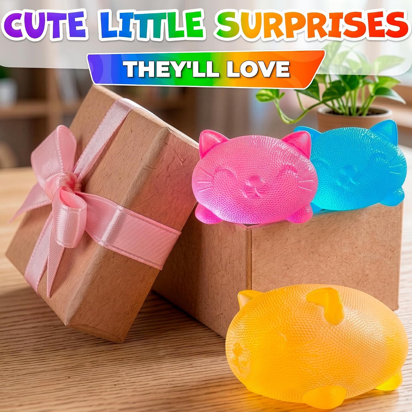 Cat Squishy Fidget 3-Pack — Slow Rising Stress Ball Kawaii Kitty Squeeze Squish, Soft TPR Trio, Pink Yellow Blue Hand-Size Multipack Party Favors — Reusable Sensory Fidgets for Office, Home and Travel
