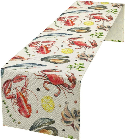 Crawfish Boil Table Runner Hand Draw Crab Shrimp Octopus Mussel Lemon Peppers Seafood Boil Themed Birthday Party Decoration Dining Room Home Kitchen Decor 13" x 36"