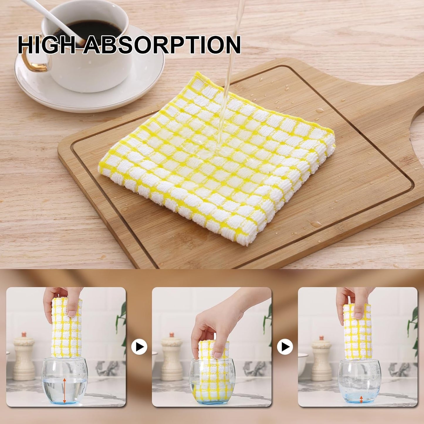 Cotton 8 Pack Terry Kitchen Dish Cloths, 12 x 12 Inches Super Soft and Absorbent Dish Rags, Quick Drying Dish Towels for Washing Dishes, Yellow