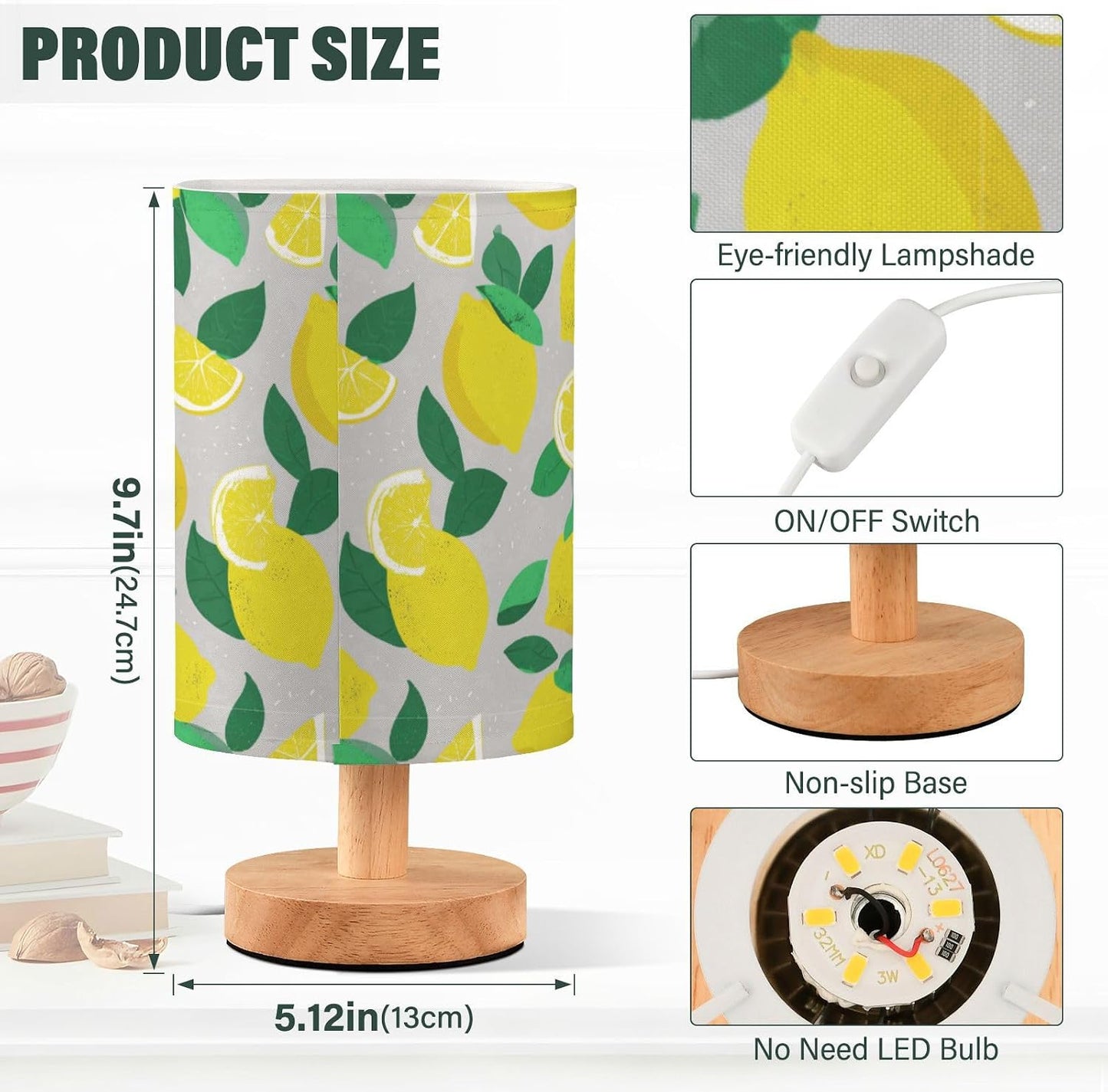 Bedside Table Lamp Lemon Yellow Citrus Fruits (73) Kids Nightstand Lamp Night Light Fabric Shade for Bedroom Living Room Home Office