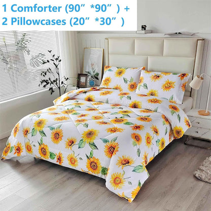 Sunflower Comforter Set Queen 3 Pieces, Soft Microfiber Lightweight Sunflower Comforter Queen Size, Yellow Floral Bedding Set All Season