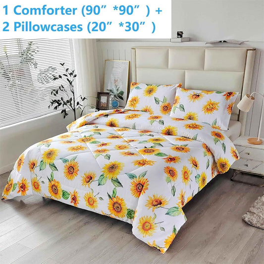 Sunflower Comforter Set Queen 3 Pieces, Soft Microfiber Lightweight Sunflower Comforter Queen Size, Yellow Floral Bedding Set All Season