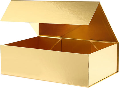 Large Gold Gift Box with Magnetic Lid for Present | 13.5x9x4.1 Inch,Bridesmaid Proposal Box,Glossy,Reusable,Square,Luxury,Sturdy,Birthday,Christmas