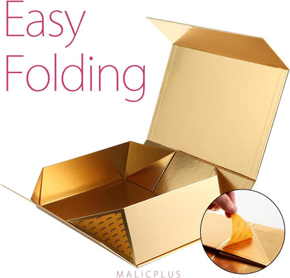 Large Gold Gift Box with Magnetic Lid for Present | 13.5x9x4.1 Inch,Bridesmaid Proposal Box,Glossy,Reusable,Square,Luxury,Sturdy,Birthday,Christmas