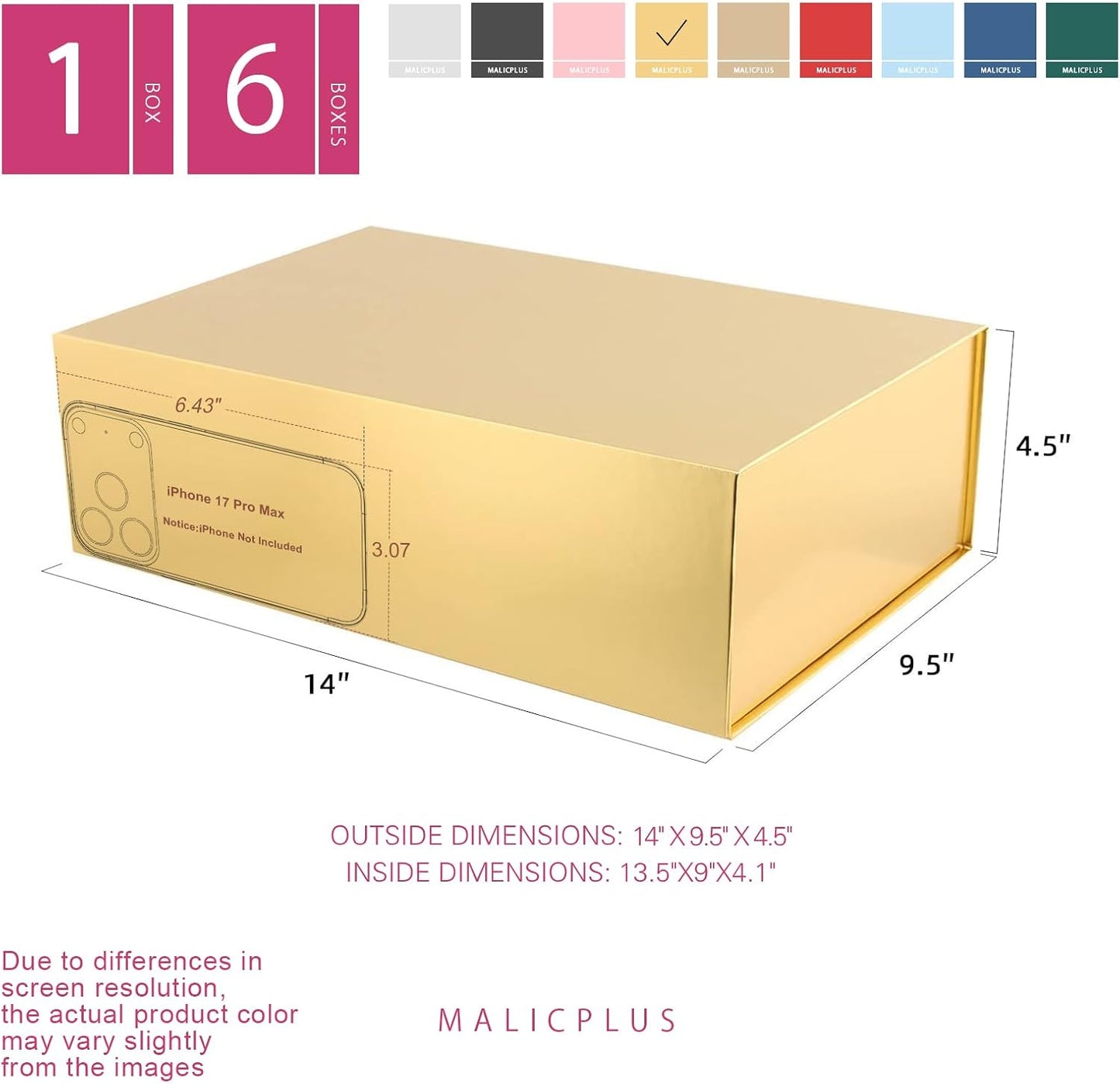 Large Gold Gift Box with Magnetic Lid for Present | 13.5x9x4.1 Inch,Bridesmaid Proposal Box,Glossy,Reusable,Square,Luxury,Sturdy,Birthday,Christmas