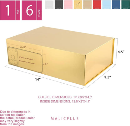 Large Gold Gift Box with Magnetic Lid for Present | 13.5x9x4.1 Inch,Bridesmaid Proposal Box,Glossy,Reusable,Square,Luxury,Sturdy,Birthday,Christmas