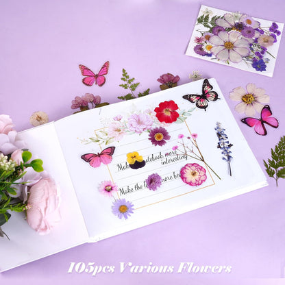 Totally 108pcs Real Dried Pressed Flowers with Butterfly Stickers | Resin Crafts,Real Dry Floral,Assorted Natural Bulk for DIY Art Crafts Scrapbooking Epoxy Jewelry Molds Nails Décor,Purple