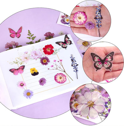 Totally 108pcs Real Dried Pressed Flowers with Butterfly Stickers | Resin Crafts,Real Dry Floral,Assorted Natural Bulk for DIY Art Crafts Scrapbooking Epoxy Jewelry Molds Nails Décor,Purple