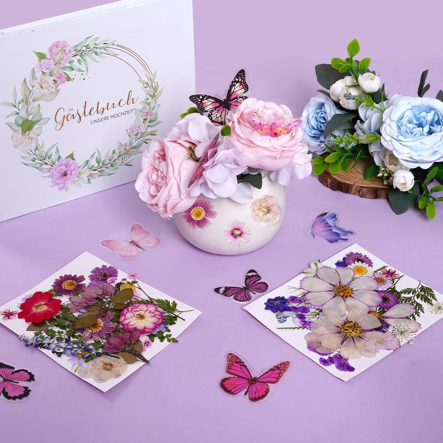 Totally 108pcs Real Dried Pressed Flowers with Butterfly Stickers | Resin Crafts,Real Dry Floral,Assorted Natural Bulk for DIY Art Crafts Scrapbooking Epoxy Jewelry Molds Nails Décor,Purple