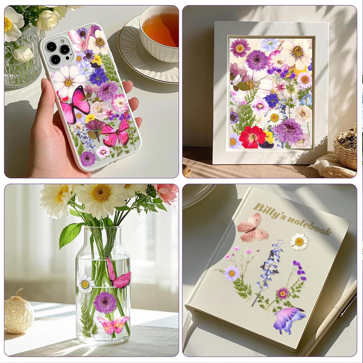 Totally 108pcs Real Dried Pressed Flowers with Butterfly Stickers | Resin Crafts,Real Dry Floral,Assorted Natural Bulk for DIY Art Crafts Scrapbooking Epoxy Jewelry Molds Nails Décor,Purple