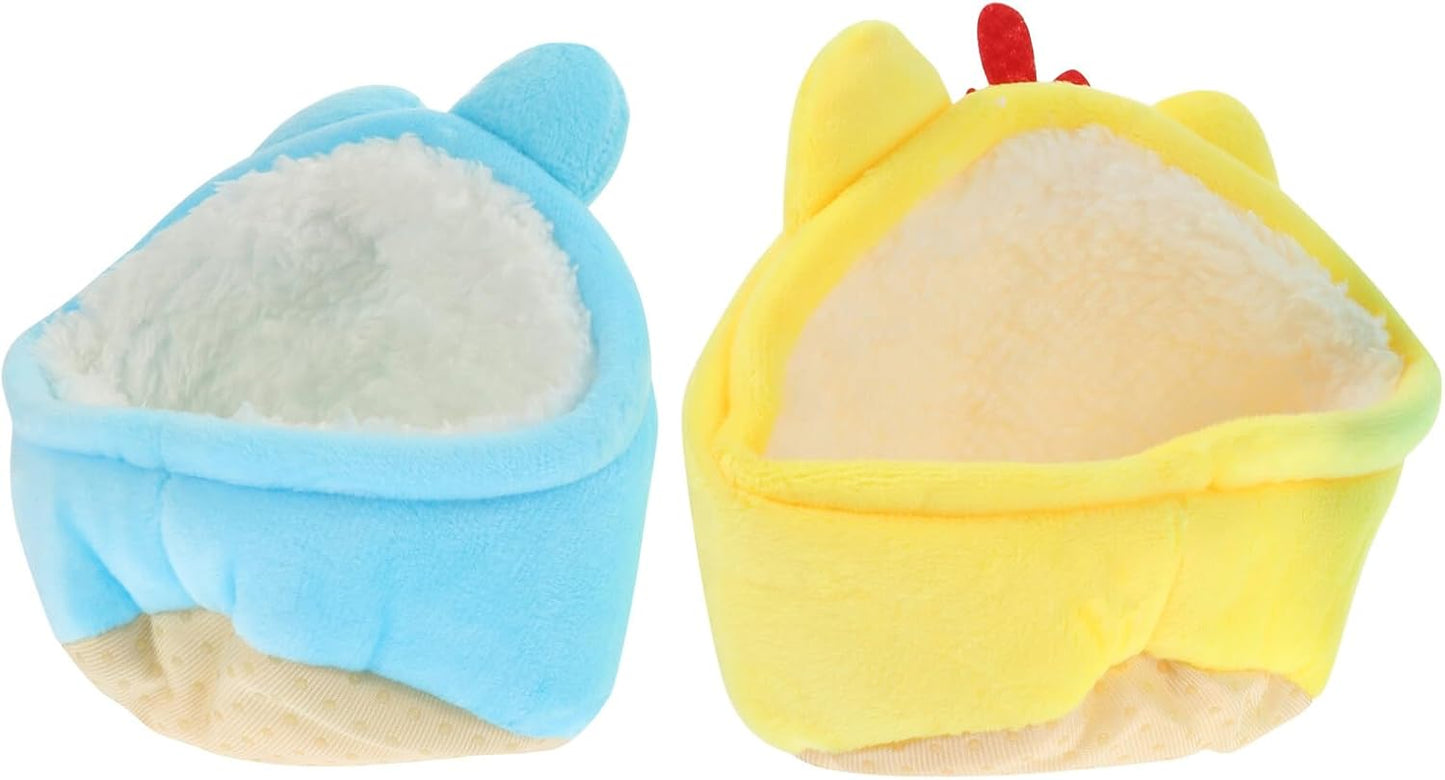 Hamster Cotton Nest 2pcs Warm Soft Pet Hamster Cave Bed with Plush Fabric for Small Animals Winter Hideout in Blue and Yellow