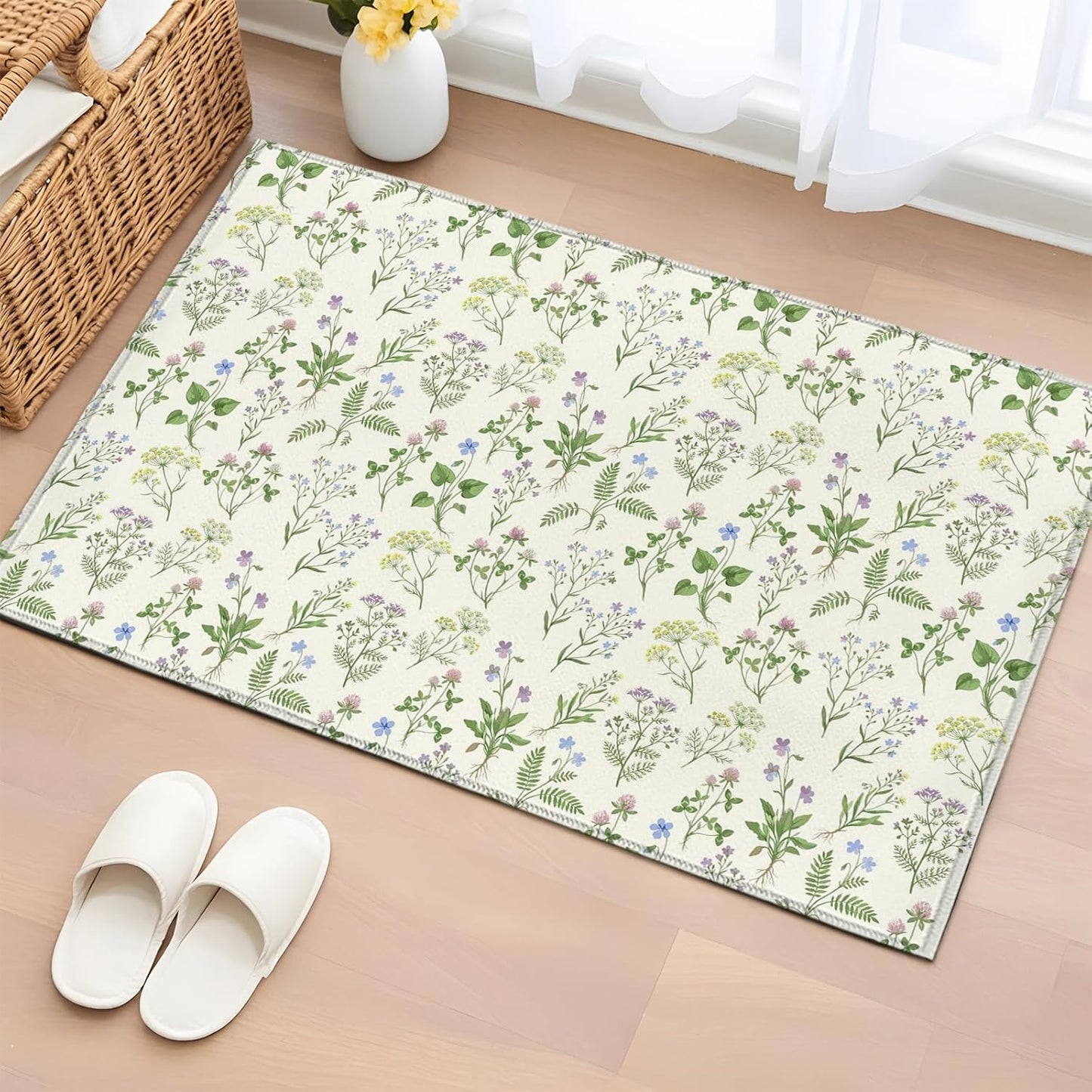 2x3ft Rectangle Rug,Country Seamless Floral Leaves Washable Area Rugs Non-Slip Accent Rug Summer Plant on Light Yellow Soft Circle Carpet for Living Room Bedroom Home Office Decor