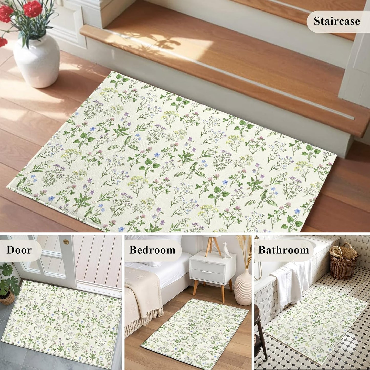 2x3ft Rectangle Rug,Country Seamless Floral Leaves Washable Area Rugs Non-Slip Accent Rug Summer Plant on Light Yellow Soft Circle Carpet for Living Room Bedroom Home Office Decor