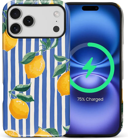 for iPhone 17 Pro Max Case for MagSafe Non Slip Hard Shell Acrylic and Silicone Soft Shell Combination Phone Style 2-in-1 Lemon Blue White Stripe Pattern