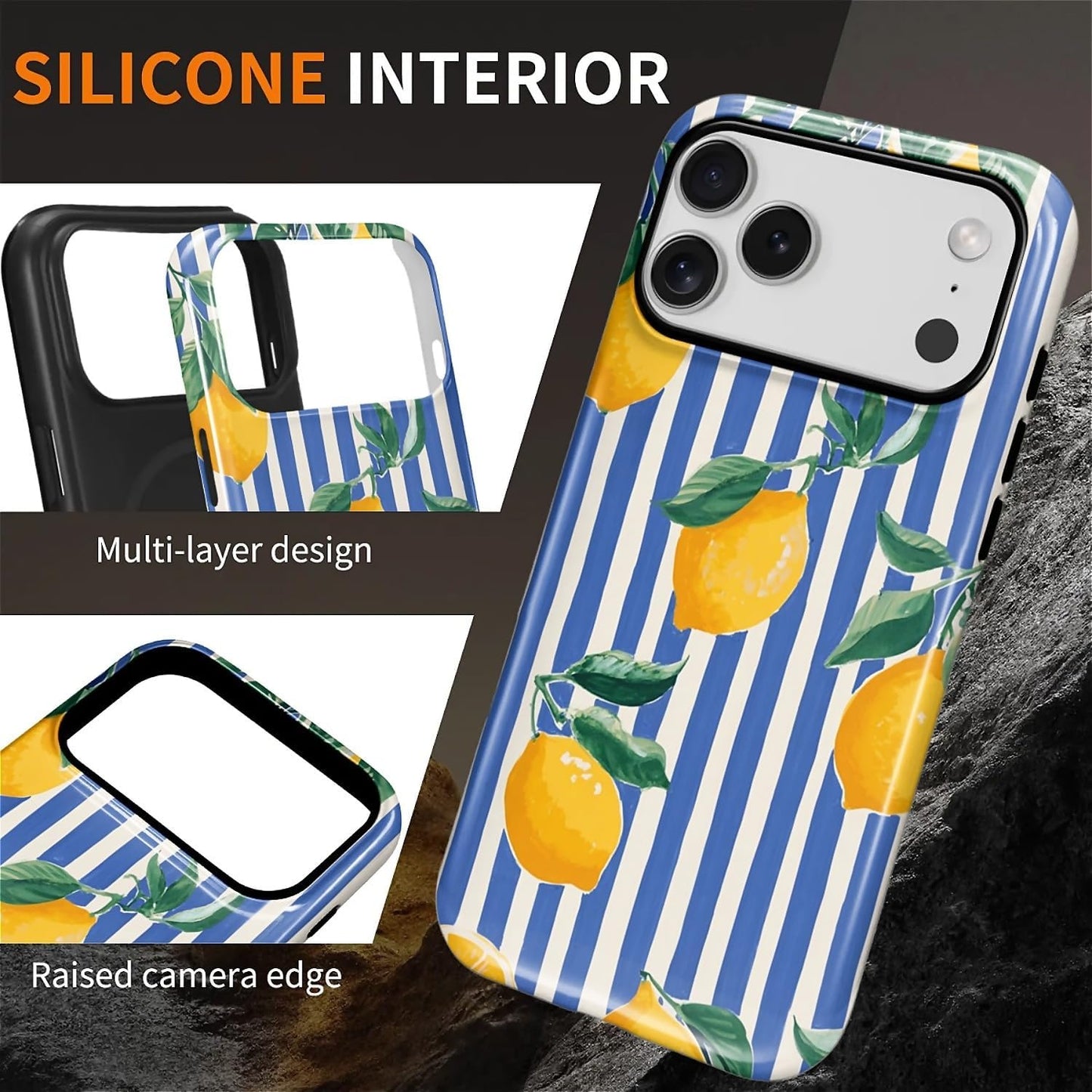 for iPhone 17 Pro Max Case for MagSafe Non Slip Hard Shell Acrylic and Silicone Soft Shell Combination Phone Style 2-in-1 Lemon Blue White Stripe Pattern