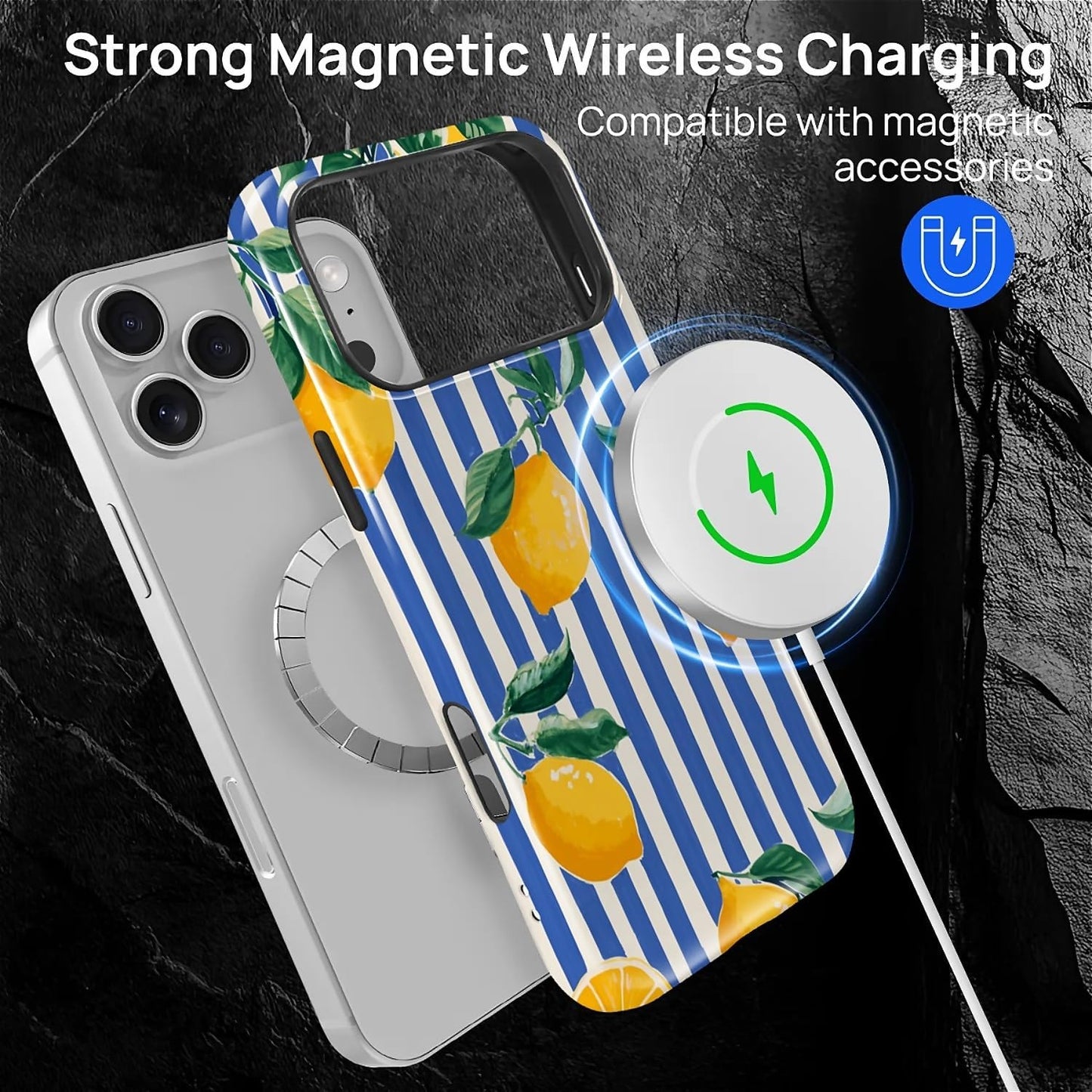 for iPhone 17 Pro Max Case for MagSafe Non Slip Hard Shell Acrylic and Silicone Soft Shell Combination Phone Style 2-in-1 Lemon Blue White Stripe Pattern