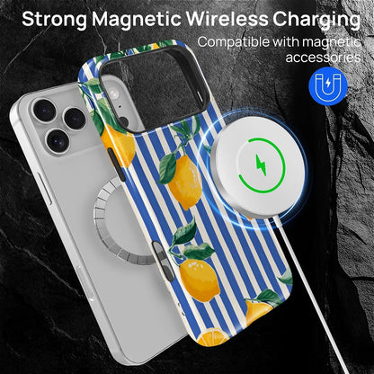 for iPhone 17 Pro Max Case for MagSafe Non Slip Hard Shell Acrylic and Silicone Soft Shell Combination Phone Style 2-in-1 Lemon Blue White Stripe Pattern