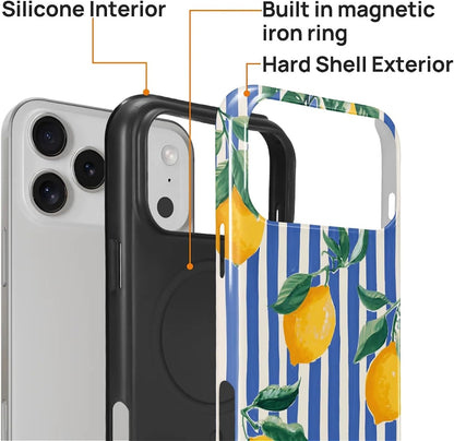 for iPhone 17 Pro Max Case for MagSafe Non Slip Hard Shell Acrylic and Silicone Soft Shell Combination Phone Style 2-in-1 Lemon Blue White Stripe Pattern