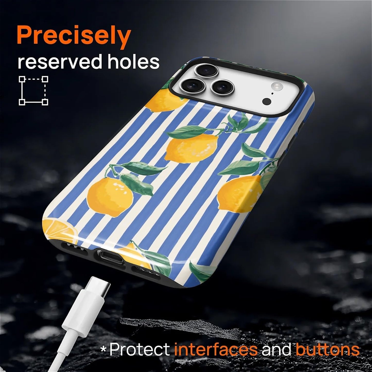 for iPhone 17 Pro Max Case for MagSafe Non Slip Hard Shell Acrylic and Silicone Soft Shell Combination Phone Style 2-in-1 Lemon Blue White Stripe Pattern