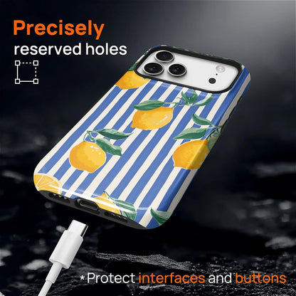 for iPhone 17 Pro Max Case for MagSafe Non Slip Hard Shell Acrylic and Silicone Soft Shell Combination Phone Style 2-in-1 Lemon Blue White Stripe Pattern