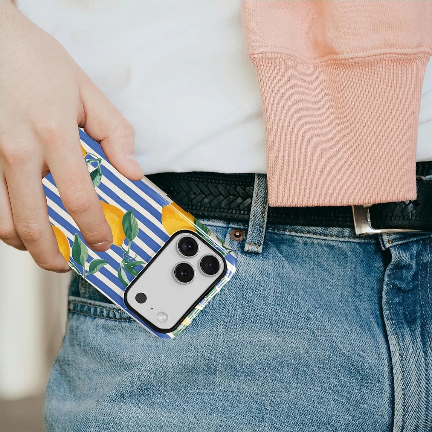 for iPhone 17 Pro Max Case for MagSafe Non Slip Hard Shell Acrylic and Silicone Soft Shell Combination Phone Style 2-in-1 Lemon Blue White Stripe Pattern