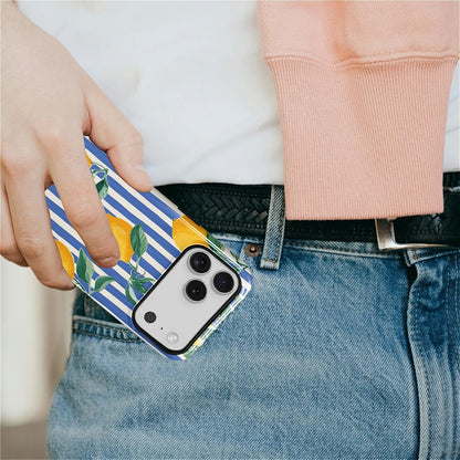 for iPhone 17 Pro Max Case for MagSafe Non Slip Hard Shell Acrylic and Silicone Soft Shell Combination Phone Style 2-in-1 Lemon Blue White Stripe Pattern