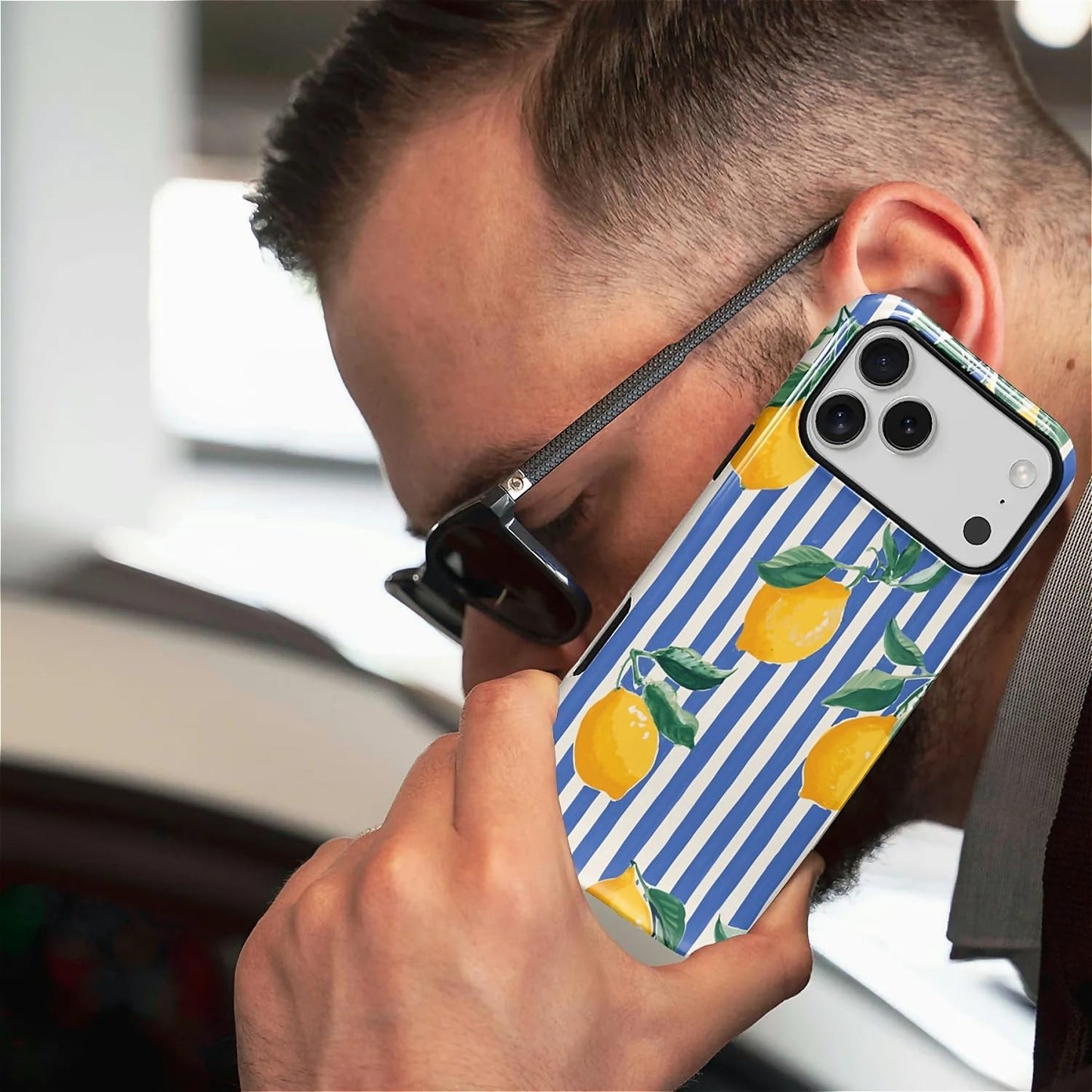 for iPhone 17 Pro Max Case for MagSafe Non Slip Hard Shell Acrylic and Silicone Soft Shell Combination Phone Style 2-in-1 Lemon Blue White Stripe Pattern