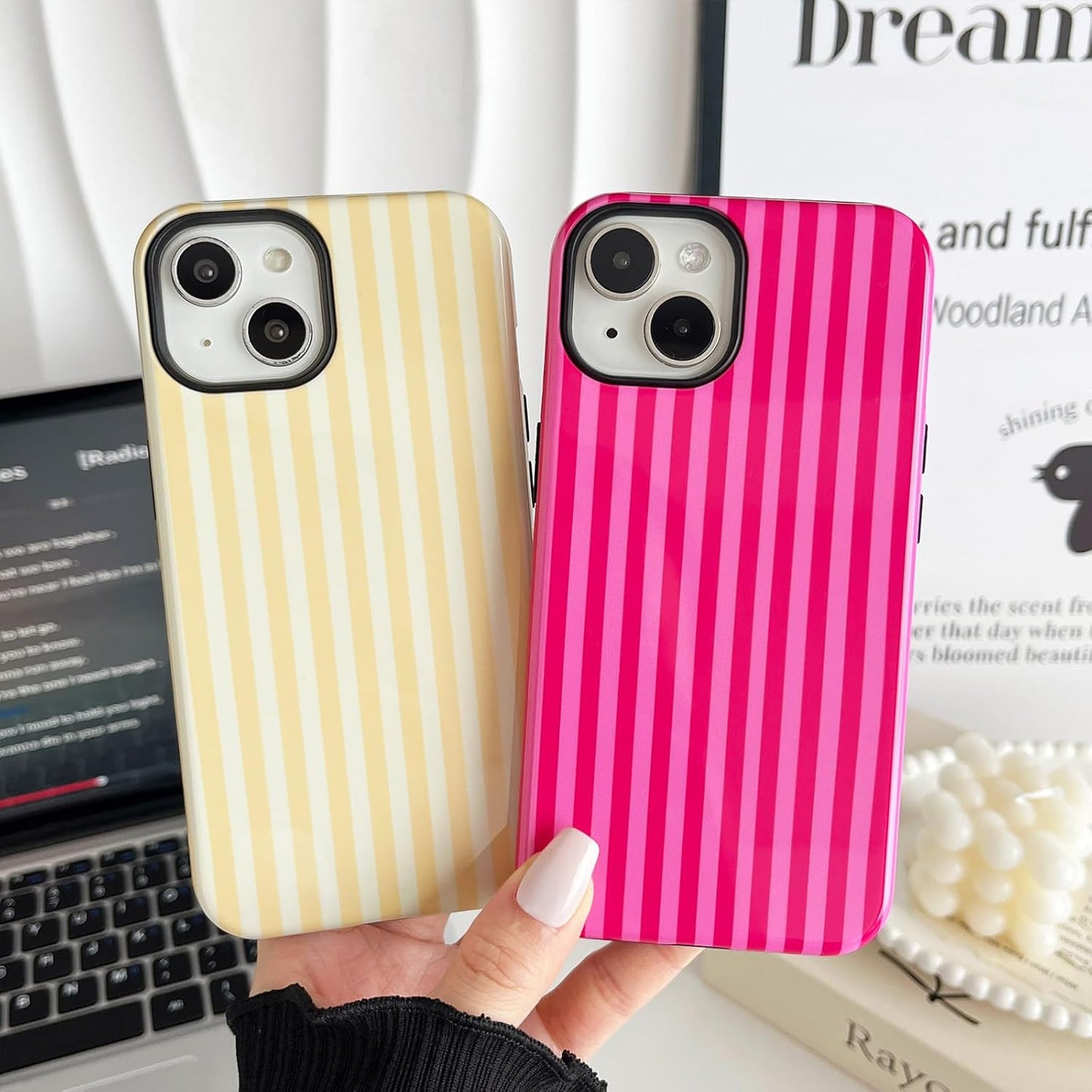 Compatible with iPhone 15 Case, Cute Fashion Aesthetic Striped Pattern Cover for Women, Shockproof Soft TPU and Hard PC Protective Phone Case for iPhone 15 6.1"- Yellow