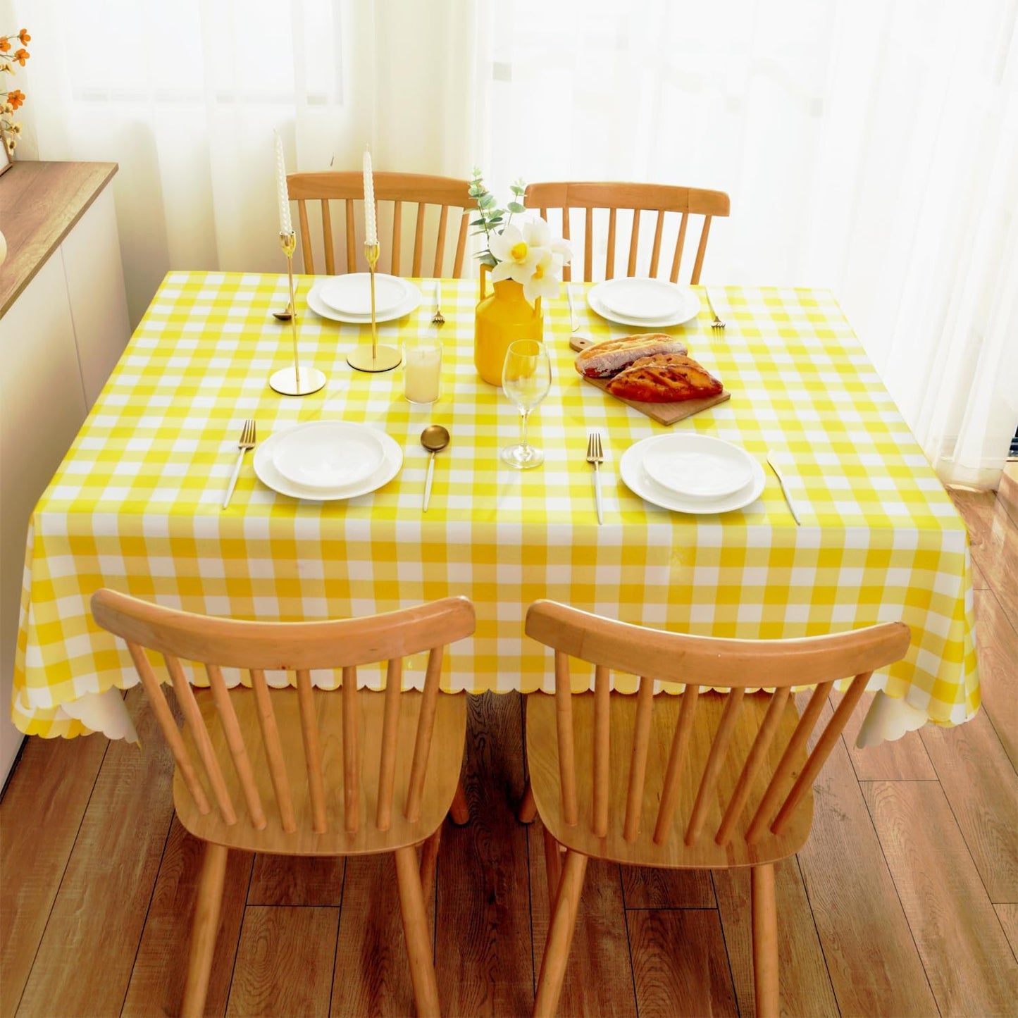 Yellow Gingham Tablecloth for Rectangle Tables-Checkered Table Cloth Waterproof Kitchen & Table Linens-Polyester Buffalo Plaid Wrinkle Free Table Cover(Light Yellow 60x84in)