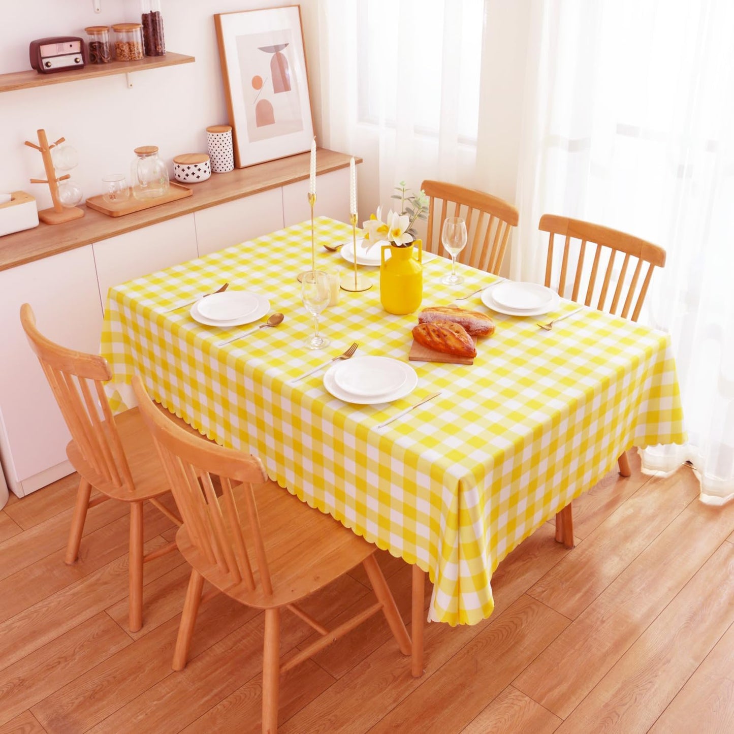 Yellow Gingham Tablecloth for Rectangle Tables-Checkered Table Cloth Waterproof Kitchen & Table Linens-Polyester Buffalo Plaid Wrinkle Free Table Cover(Light Yellow 60x84in)