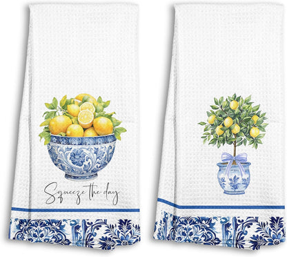 Chinoiserie Lemon Kitchen Towels Set of 2, Coquette Grandmillennial Lemon Blue and White Dish Tea Towels for Kitchen Decor, Mediterranean Fruit Decorative Hand Towel for Bathroom, 16x24 Inch