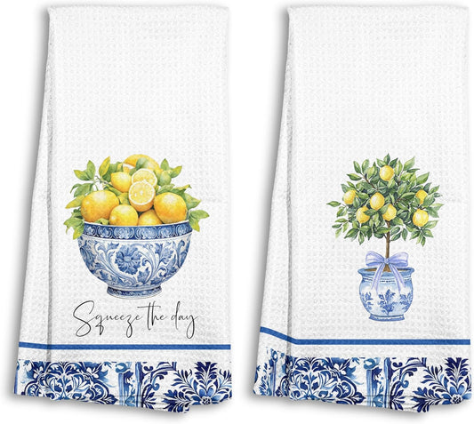 Chinoiserie Lemon Kitchen Towels Set of 2, Coquette Grandmillennial Lemon Blue and White Dish Tea Towels for Kitchen Decor, Mediterranean Fruit Decorative Hand Towel for Bathroom, 16x24 Inch