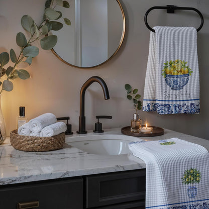 Chinoiserie Lemon Kitchen Towels Set of 2, Coquette Grandmillennial Lemon Blue and White Dish Tea Towels for Kitchen Decor, Mediterranean Fruit Decorative Hand Towel for Bathroom, 16x24 Inch