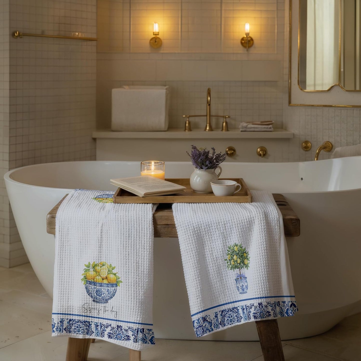 Chinoiserie Lemon Kitchen Towels Set of 2, Coquette Grandmillennial Lemon Blue and White Dish Tea Towels for Kitchen Decor, Mediterranean Fruit Decorative Hand Towel for Bathroom, 16x24 Inch