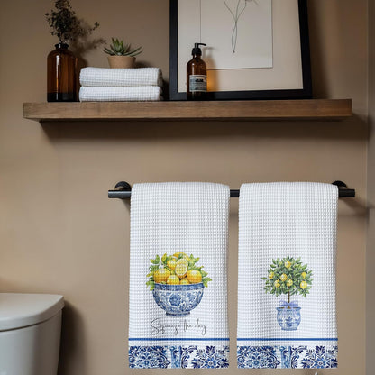 Chinoiserie Lemon Kitchen Towels Set of 2, Coquette Grandmillennial Lemon Blue and White Dish Tea Towels for Kitchen Decor, Mediterranean Fruit Decorative Hand Towel for Bathroom, 16x24 Inch