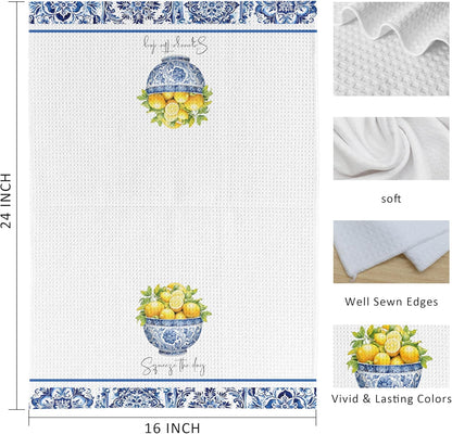 Chinoiserie Lemon Kitchen Towels Set of 2, Coquette Grandmillennial Lemon Blue and White Dish Tea Towels for Kitchen Decor, Mediterranean Fruit Decorative Hand Towel for Bathroom, 16x24 Inch
