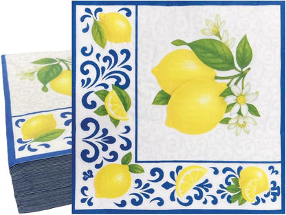 Yellow Lemon with Blue Tile 6.5'' Paper Napkins 50Ct, 3-Ply | Disposable Capri Summer Luncheon Napkins for Wedding, Bridal Shower, Engagement, Birthday, Italian Themed Party-Lemon1