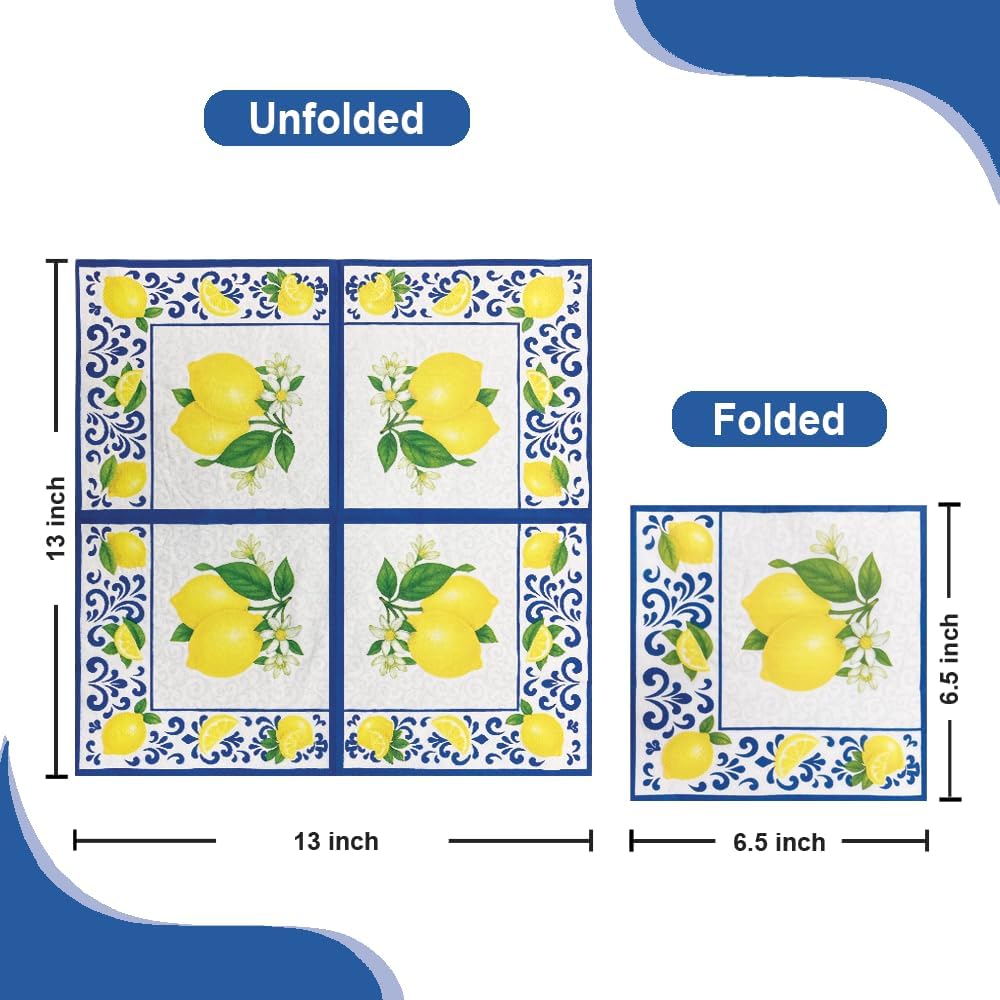 Yellow Lemon with Blue Tile 6.5'' Paper Napkins 50Ct, 3-Ply | Disposable Capri Summer Luncheon Napkins for Wedding, Bridal Shower, Engagement, Birthday, Italian Themed Party-Lemon1