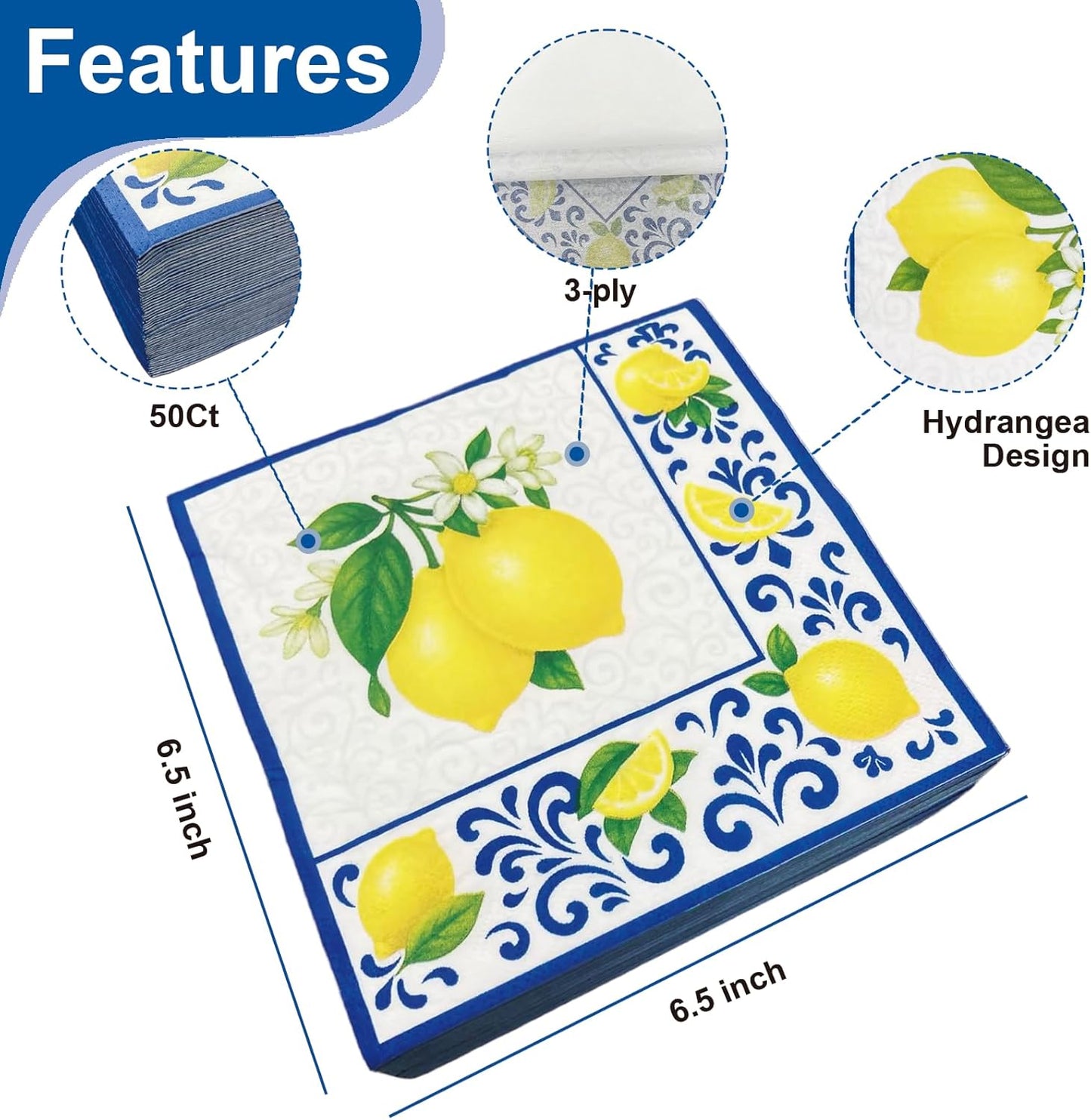 Yellow Lemon with Blue Tile 6.5'' Paper Napkins 50Ct, 3-Ply | Disposable Capri Summer Luncheon Napkins for Wedding, Bridal Shower, Engagement, Birthday, Italian Themed Party-Lemon1