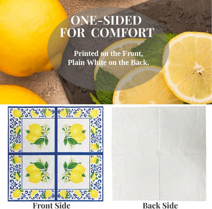 Yellow Lemon with Blue Tile 6.5'' Paper Napkins 50Ct, 3-Ply | Disposable Capri Summer Luncheon Napkins for Wedding, Bridal Shower, Engagement, Birthday, Italian Themed Party-Lemon1