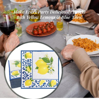 Yellow Lemon with Blue Tile 6.5'' Paper Napkins 50Ct, 3-Ply | Disposable Capri Summer Luncheon Napkins for Wedding, Bridal Shower, Engagement, Birthday, Italian Themed Party-Lemon1