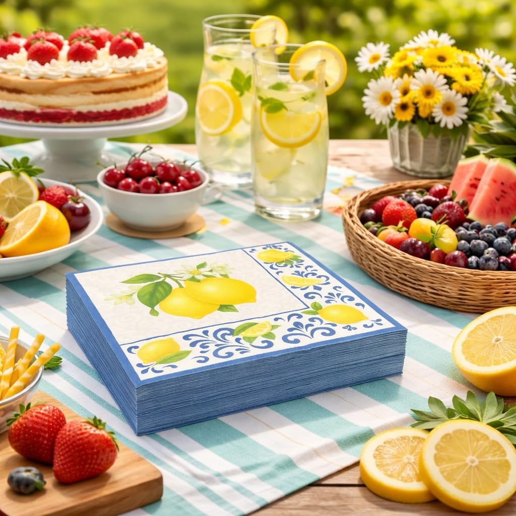 Yellow Lemon with Blue Tile 6.5'' Paper Napkins 50Ct, 3-Ply | Disposable Capri Summer Luncheon Napkins for Wedding, Bridal Shower, Engagement, Birthday, Italian Themed Party-Lemon1