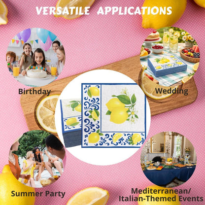 Yellow Lemon with Blue Tile 6.5'' Paper Napkins 50Ct, 3-Ply | Disposable Capri Summer Luncheon Napkins for Wedding, Bridal Shower, Engagement, Birthday, Italian Themed Party-Lemon1