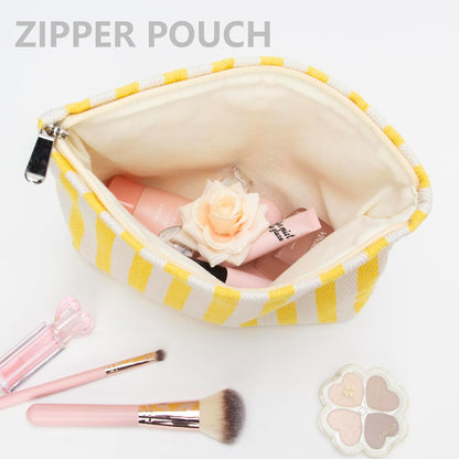 Flat Makeup Bag for Women,Zipper Cosmetic Pouch for Purse,Stripe Yellow | Cute Cosmetic Organizer for Makeup,Skincare,Toiletries,Daily Beauty Essentials,Purse,On-the-Go,Bridesmaid Proposal Gifts
